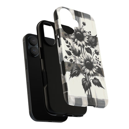 Black/White Sunflower Plaid Phone Case - Chic Noir Sunflower Plaid - Premium Protective Phone Case For iPhone, Samsung Galaxy, & Google. - BOGO Cases