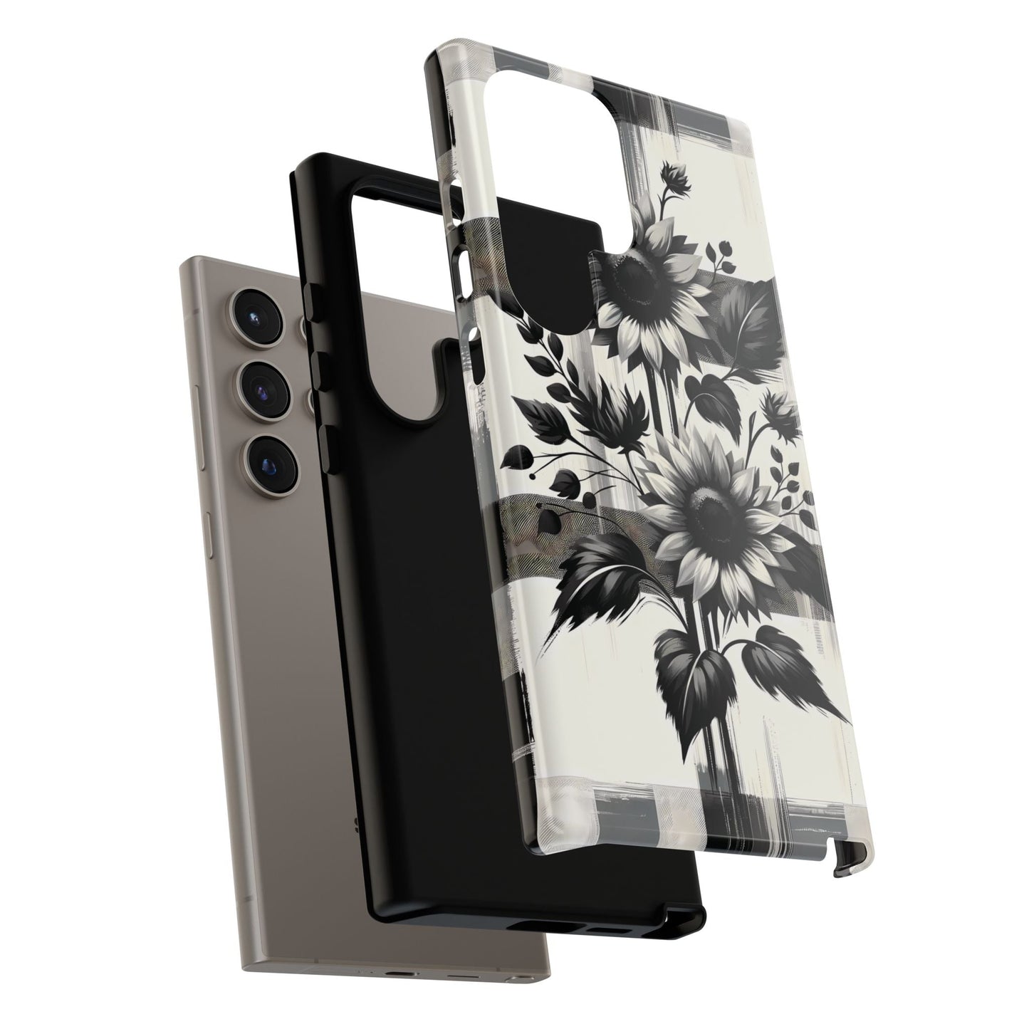 Black/White Sunflower Plaid Phone Case - Chic Noir Sunflower Plaid - Premium Protective Phone Case For iPhone, Samsung Galaxy, & Google. - BOGO Cases