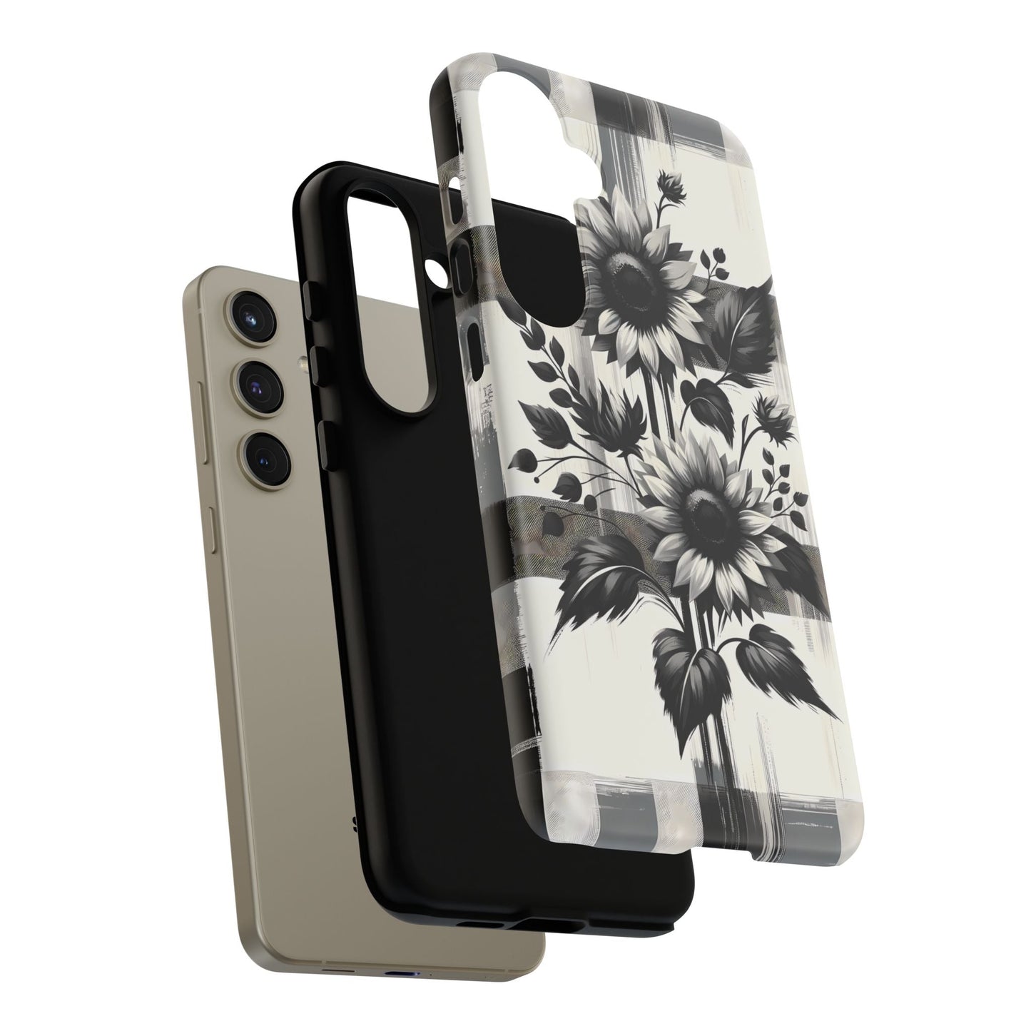 Black/White Sunflower Plaid Phone Case - Chic Noir Sunflower Plaid - Premium Protective Phone Case For iPhone, Samsung Galaxy, & Google. - BOGO Cases