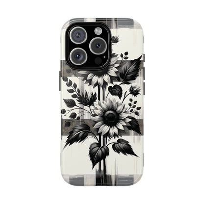 Black/White Sunflower Plaid Phone Case - Chic Noir Sunflower Plaid - Premium Protective Phone Case For iPhone, Samsung Galaxy, & Google. - BOGO Cases