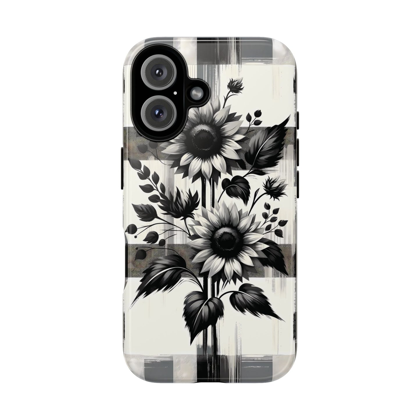 Black/White Sunflower Plaid Phone Case - Chic Noir Sunflower Plaid - Premium Protective Phone Case For iPhone, Samsung Galaxy, & Google. - BOGO Cases