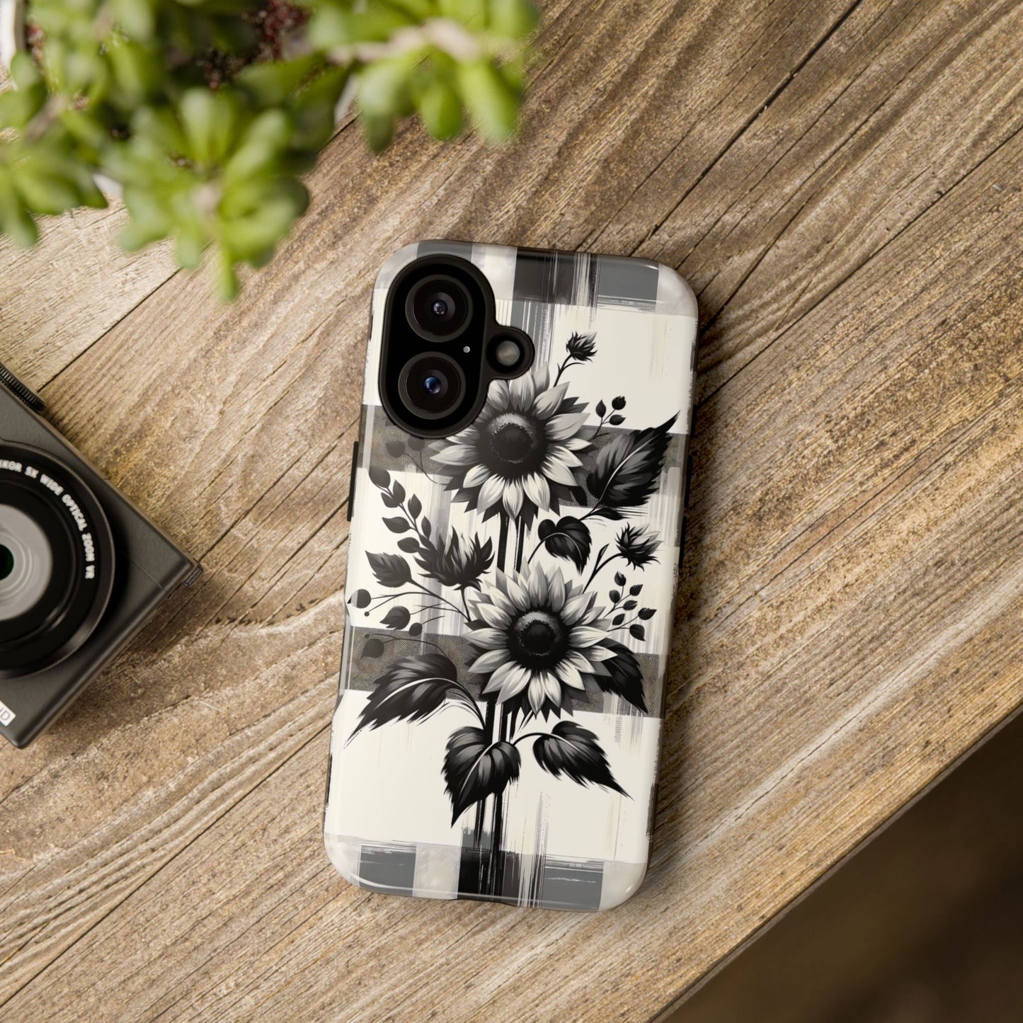 Black/White Sunflower Plaid Phone Case - Chic Noir Sunflower Plaid - Premium Protective Phone Case For iPhone, Samsung Galaxy, & Google. - BOGO Cases