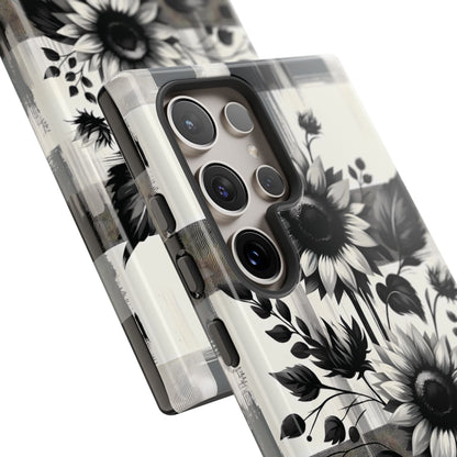 Black/White Sunflower Plaid Phone Case - Chic Noir Sunflower Plaid - Premium Protective Phone Case For iPhone, Samsung Galaxy, & Google. - BOGO Cases