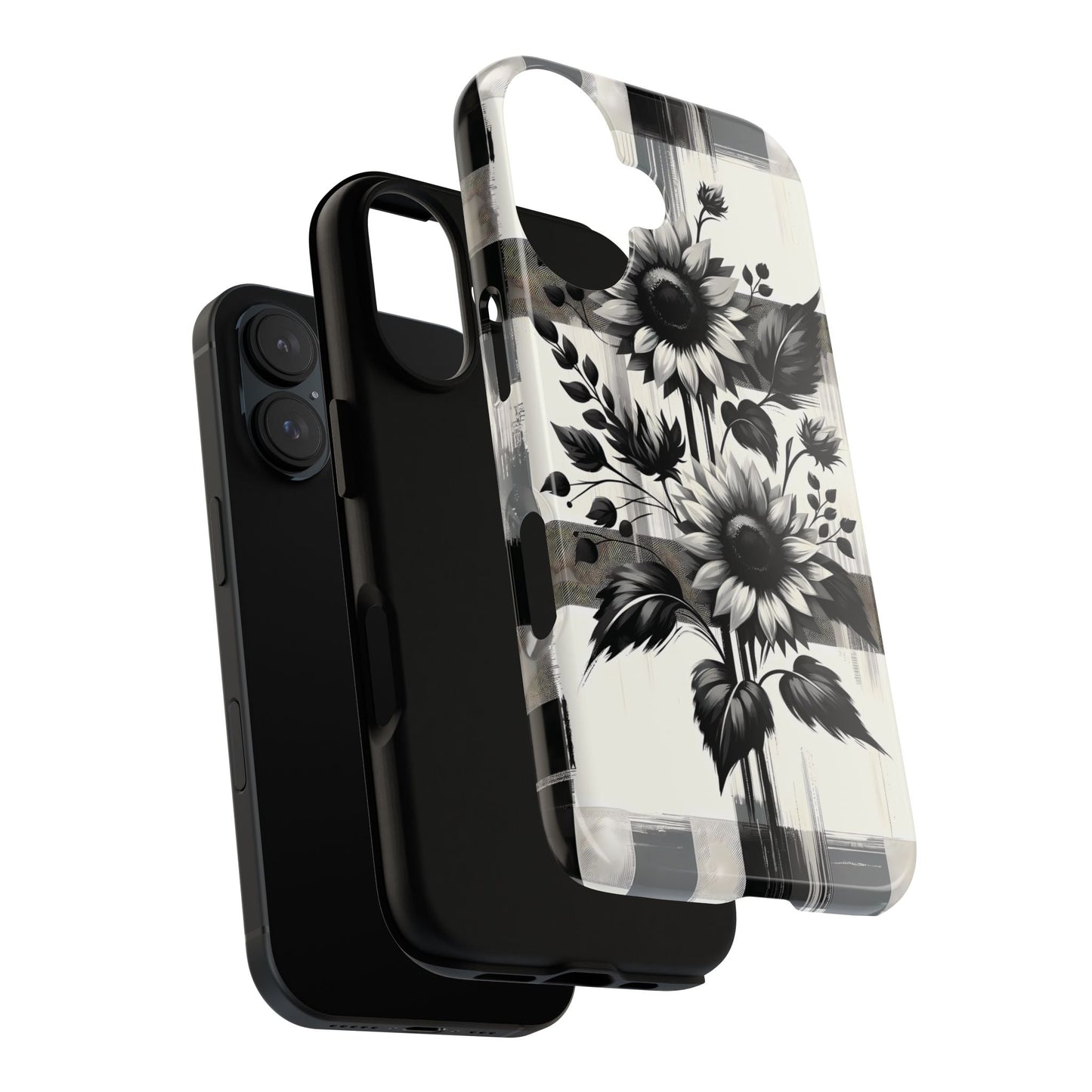 Black/White Sunflower Plaid Phone Case - Chic Noir Sunflower Plaid - Premium Protective Phone Case For iPhone, Samsung Galaxy, & Google. - BOGO Cases