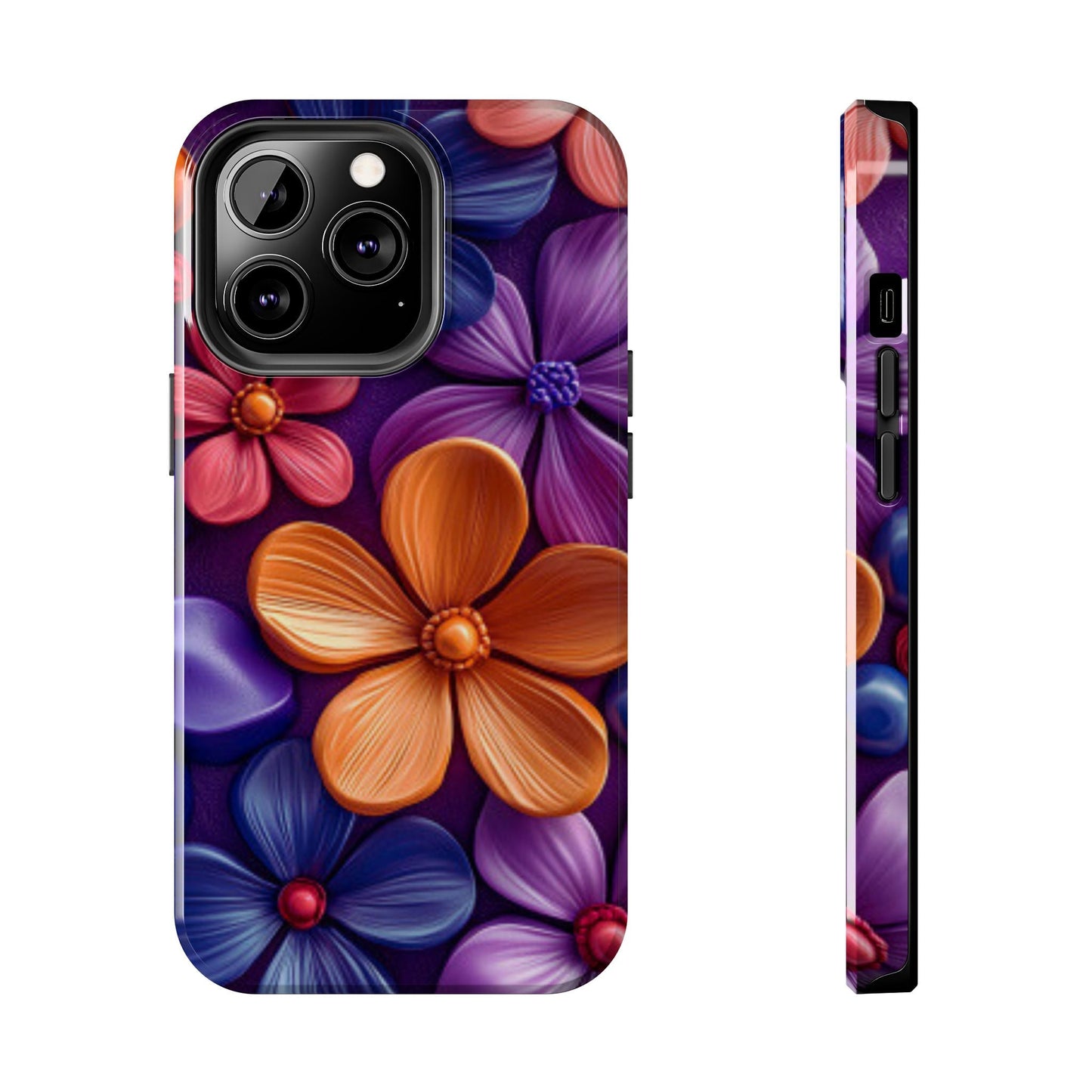 Bold Floral 3D iPhone Case – Vivid Purple and Orange Flower Design, Shock - Resistant - BOGO Cases