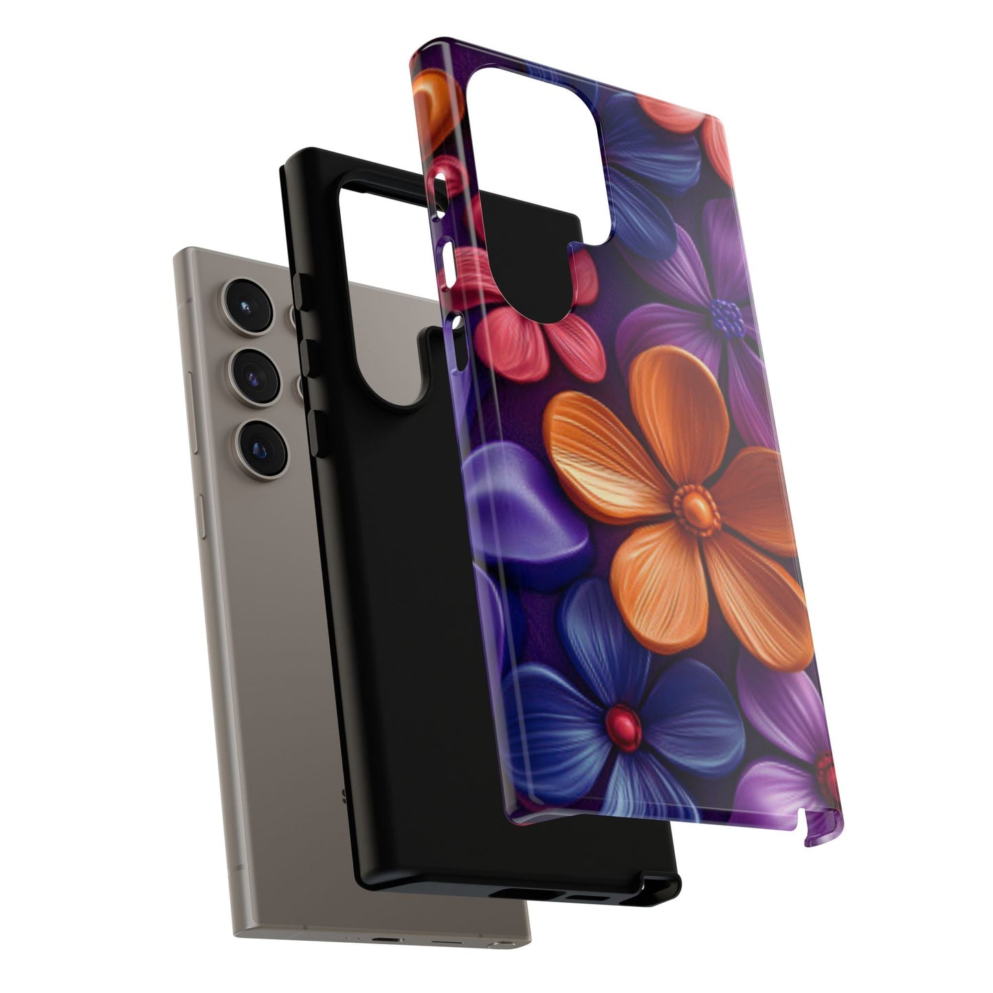 Bold Floral 3D Samsung Galaxy Case – Vivid Purple and Orange Flower Design, Shock - Resistant - BOGO Cases