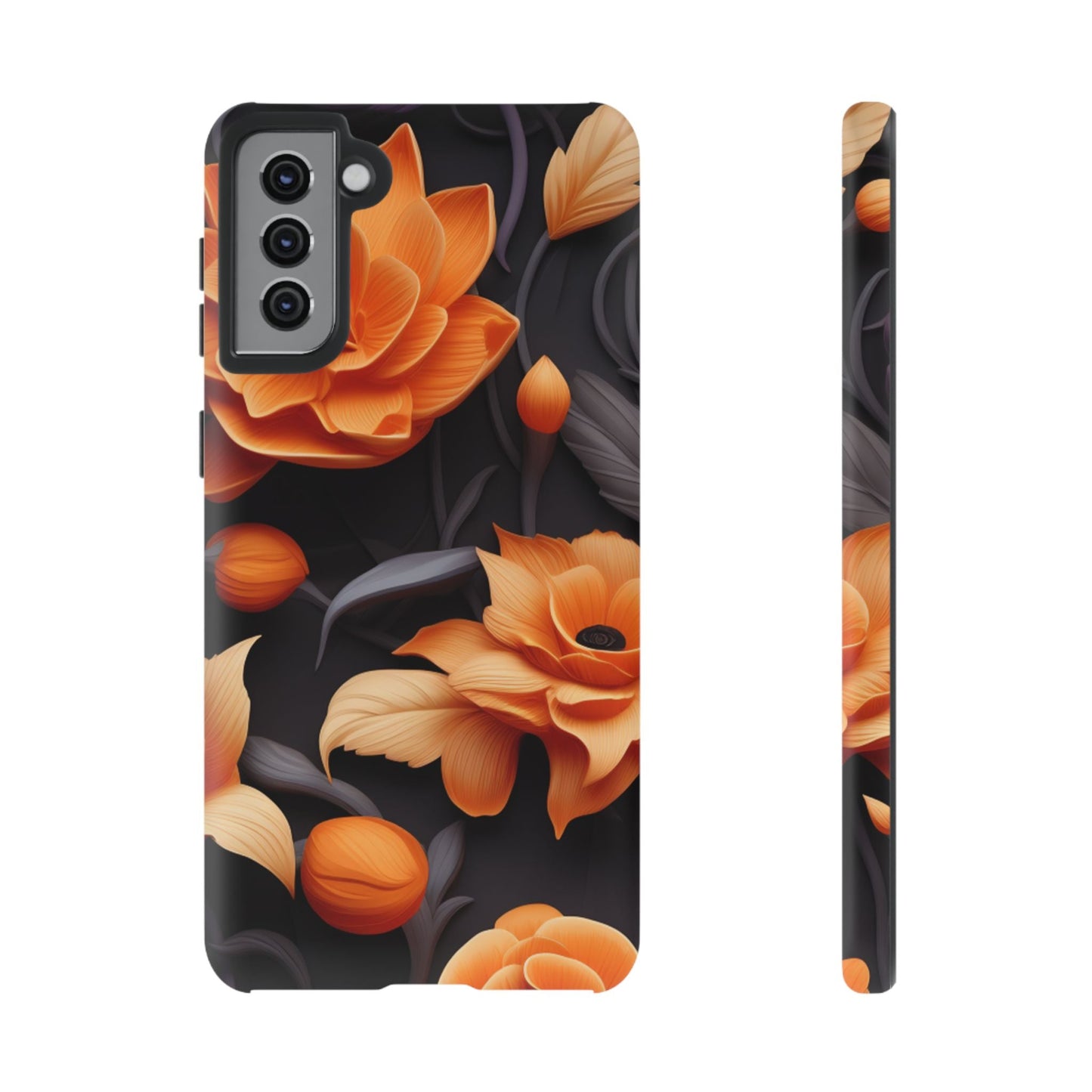 Bold Orange Floral Samsung Galaxy Case – Elegant 3D Flower Design on Black - BOGO Cases