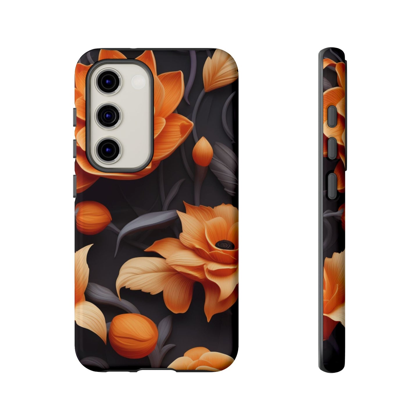 Bold Orange Floral Samsung Galaxy Case – Elegant 3D Flower Design on Black - BOGO Cases