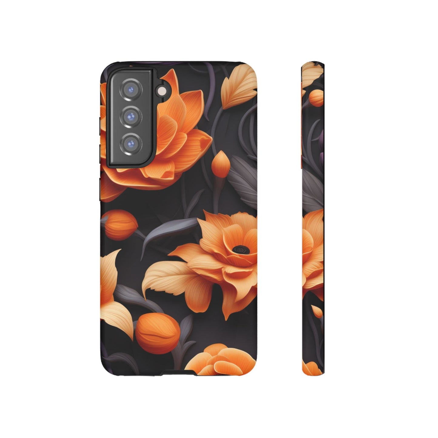 Bold Orange Floral Samsung Galaxy Case – Elegant 3D Flower Design on Black - BOGO Cases