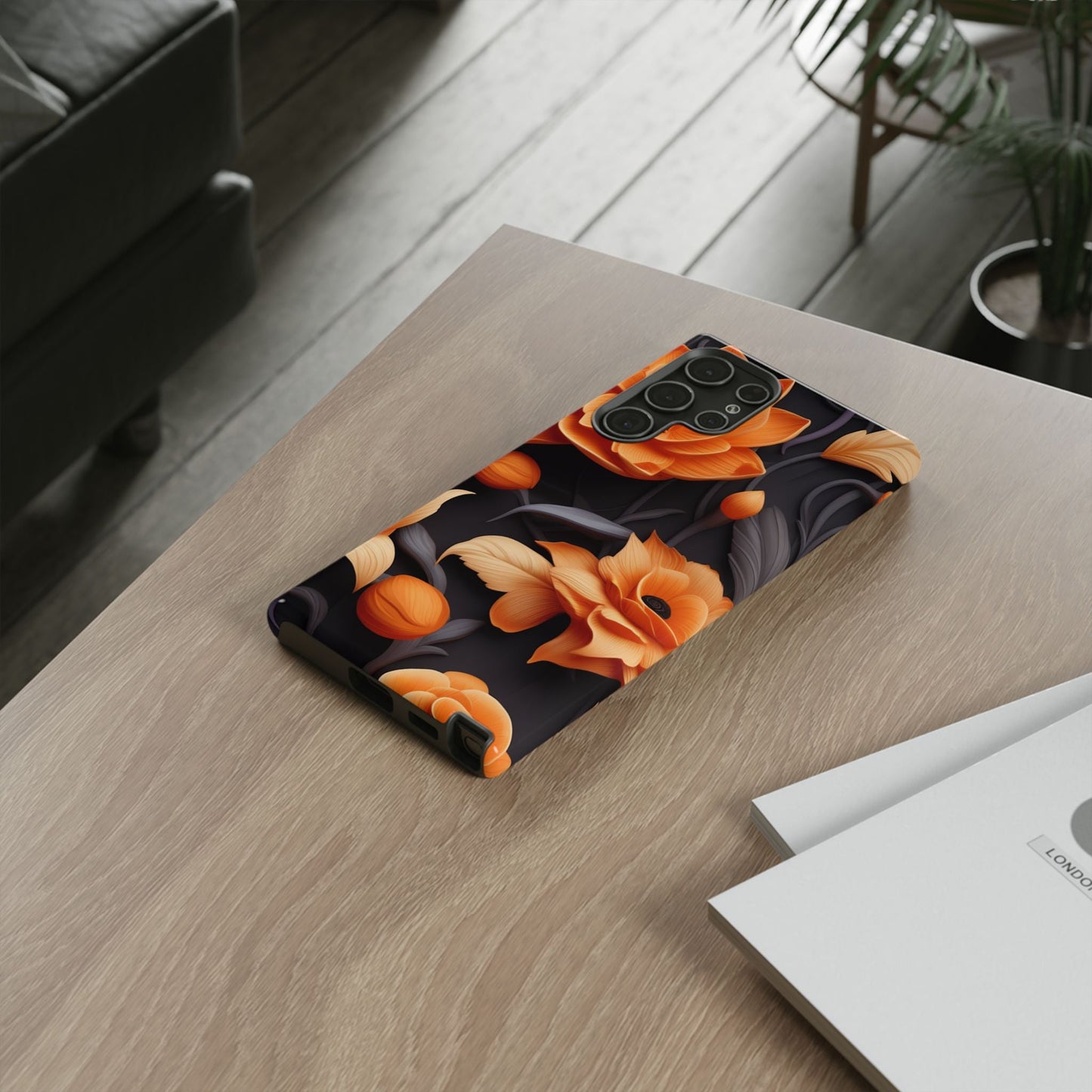 Bold Orange Floral Samsung Galaxy Case – Elegant 3D Flower Design on Black - BOGO Cases