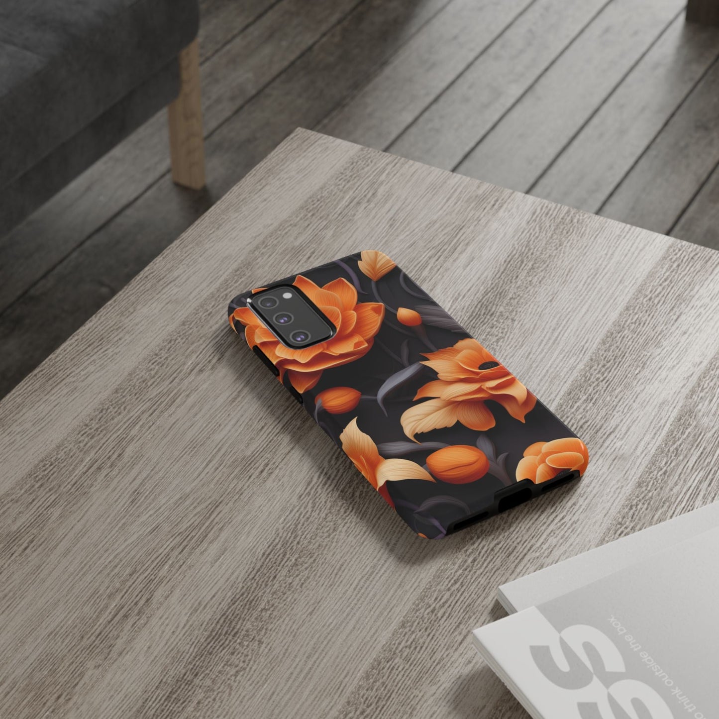 Bold Orange Floral Samsung Galaxy Case – Elegant 3D Flower Design on Black - BOGO Cases