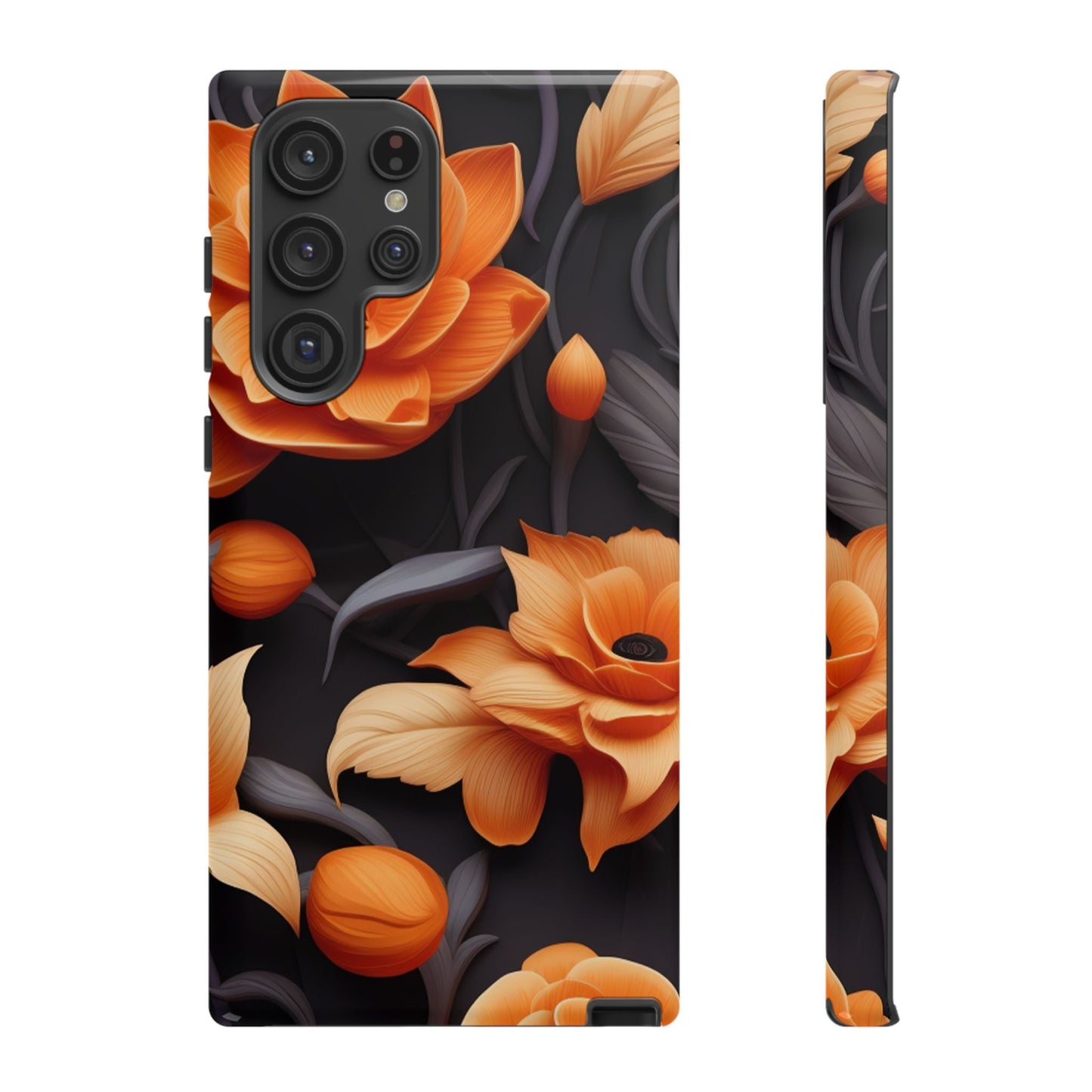 Bold Orange Floral Samsung Galaxy Case – Elegant 3D Flower Design on Black - BOGO Cases