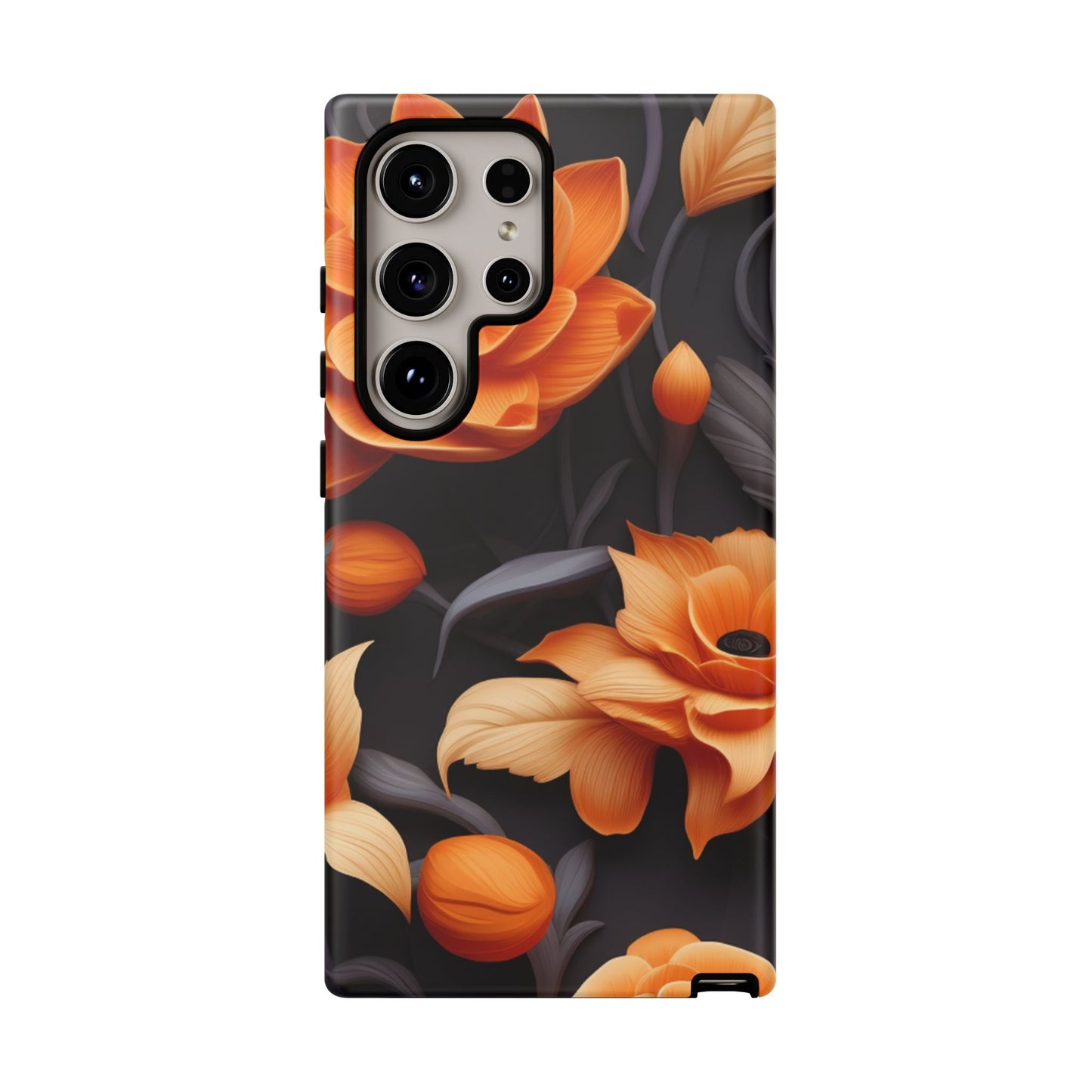 Bold Orange Floral Samsung Galaxy Case – Elegant 3D Flower Design on Black - BOGO Cases