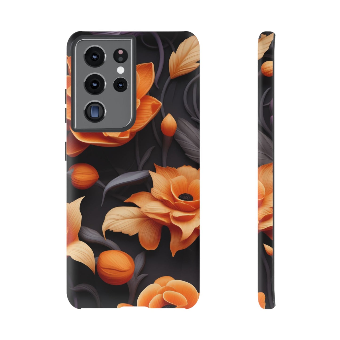 Bold Orange Floral Samsung Galaxy Case – Elegant 3D Flower Design on Black - BOGO Cases
