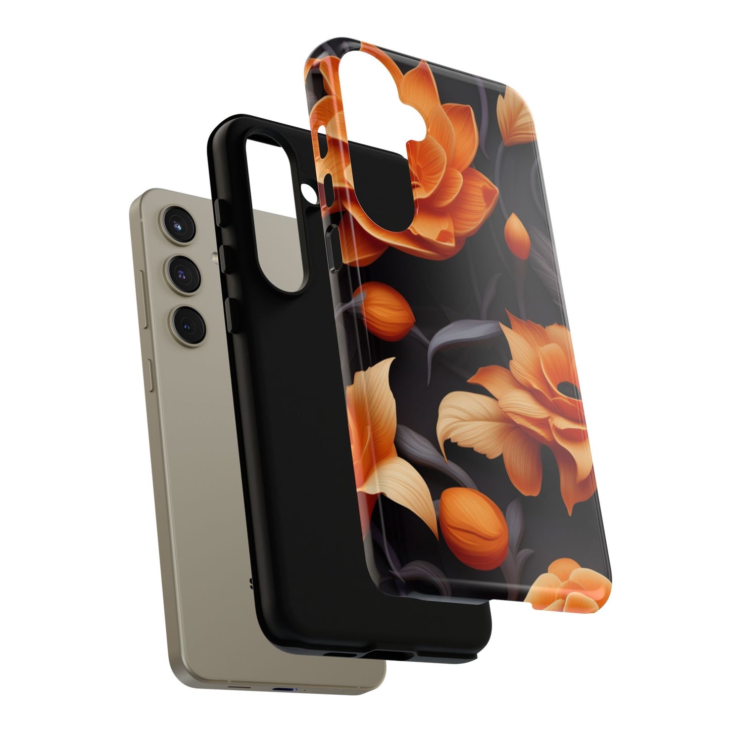 Bold Orange Floral Samsung Galaxy Case – Elegant 3D Flower Design on Black - BOGO Cases