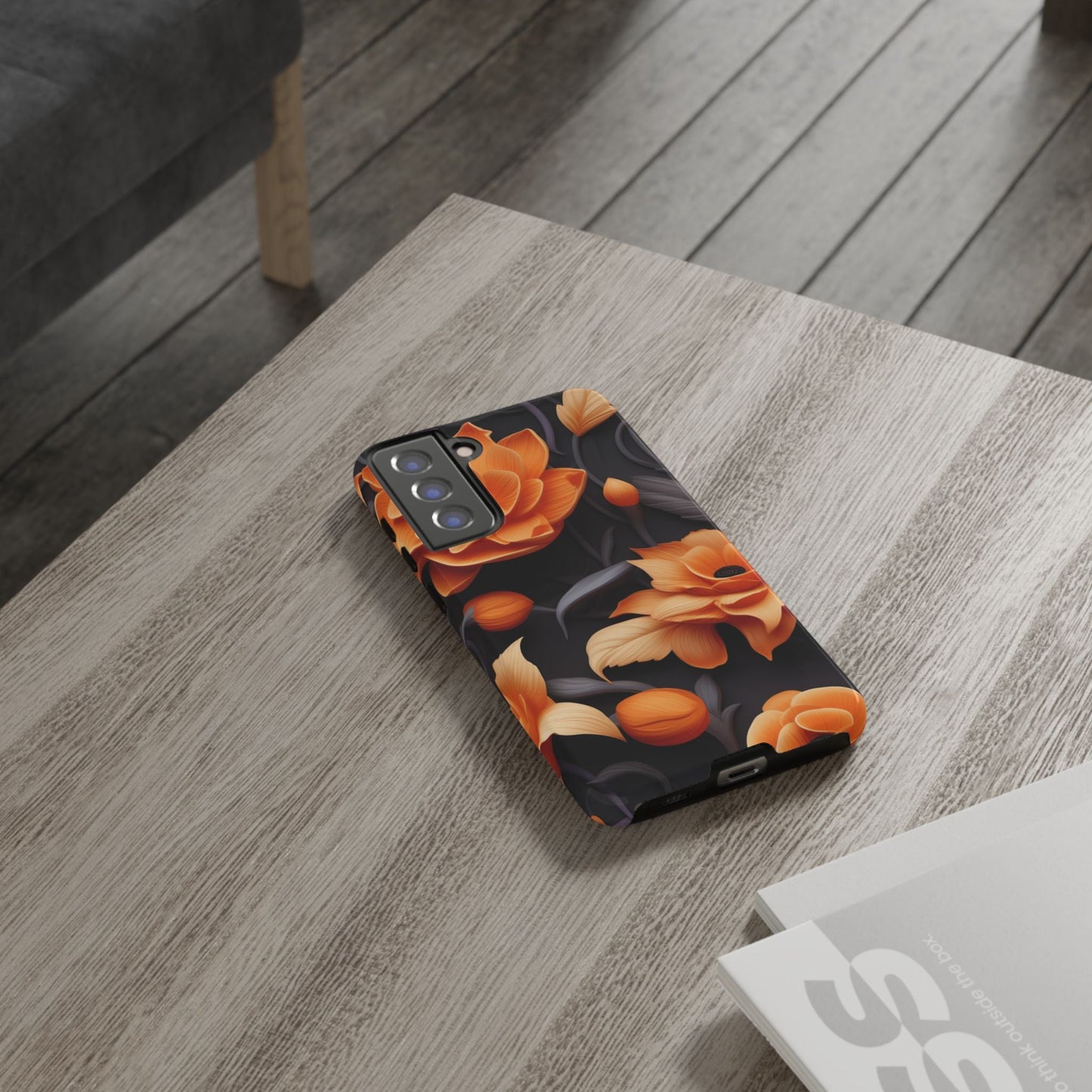 Bold Orange Floral Samsung Galaxy Case – Elegant 3D Flower Design on Black - BOGO Cases