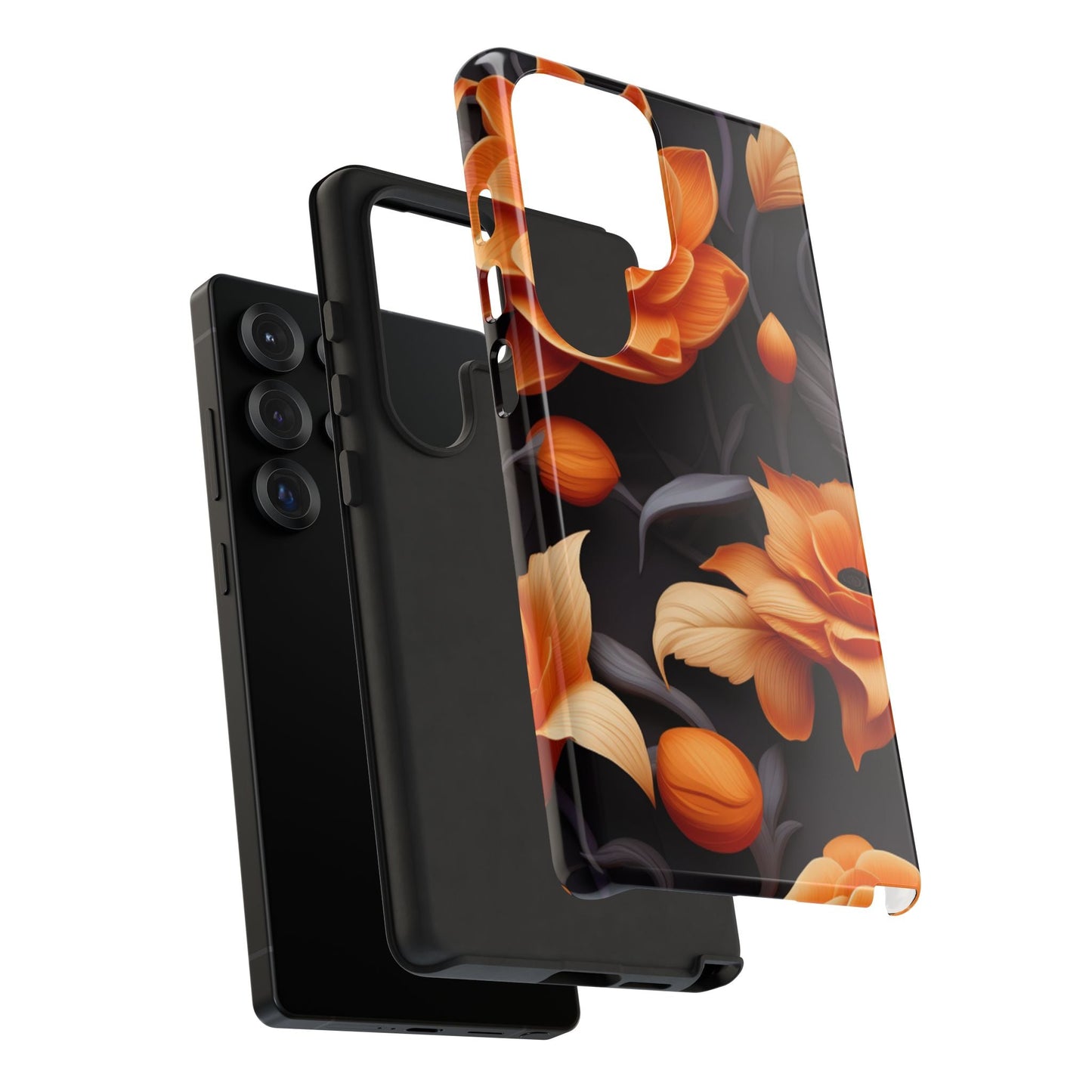 Bold Orange Floral Samsung Galaxy Case – Elegant 3D Flower Design on Black - BOGO Cases
