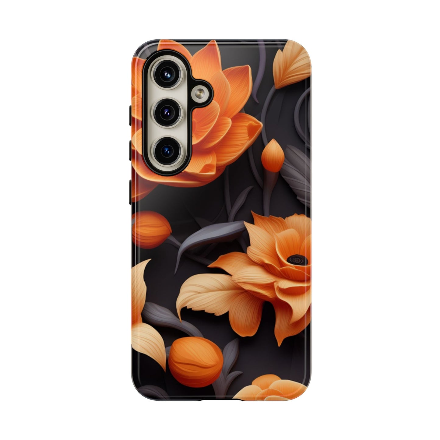 Bold Orange Floral Samsung Galaxy Case – Elegant 3D Flower Design on Black - BOGO Cases