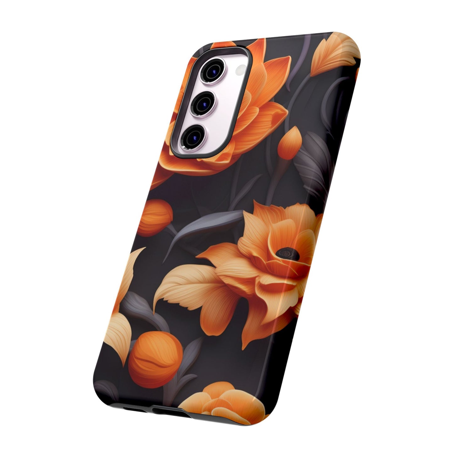 Bold Orange Floral Samsung Galaxy Case – Elegant 3D Flower Design on Black - BOGO Cases