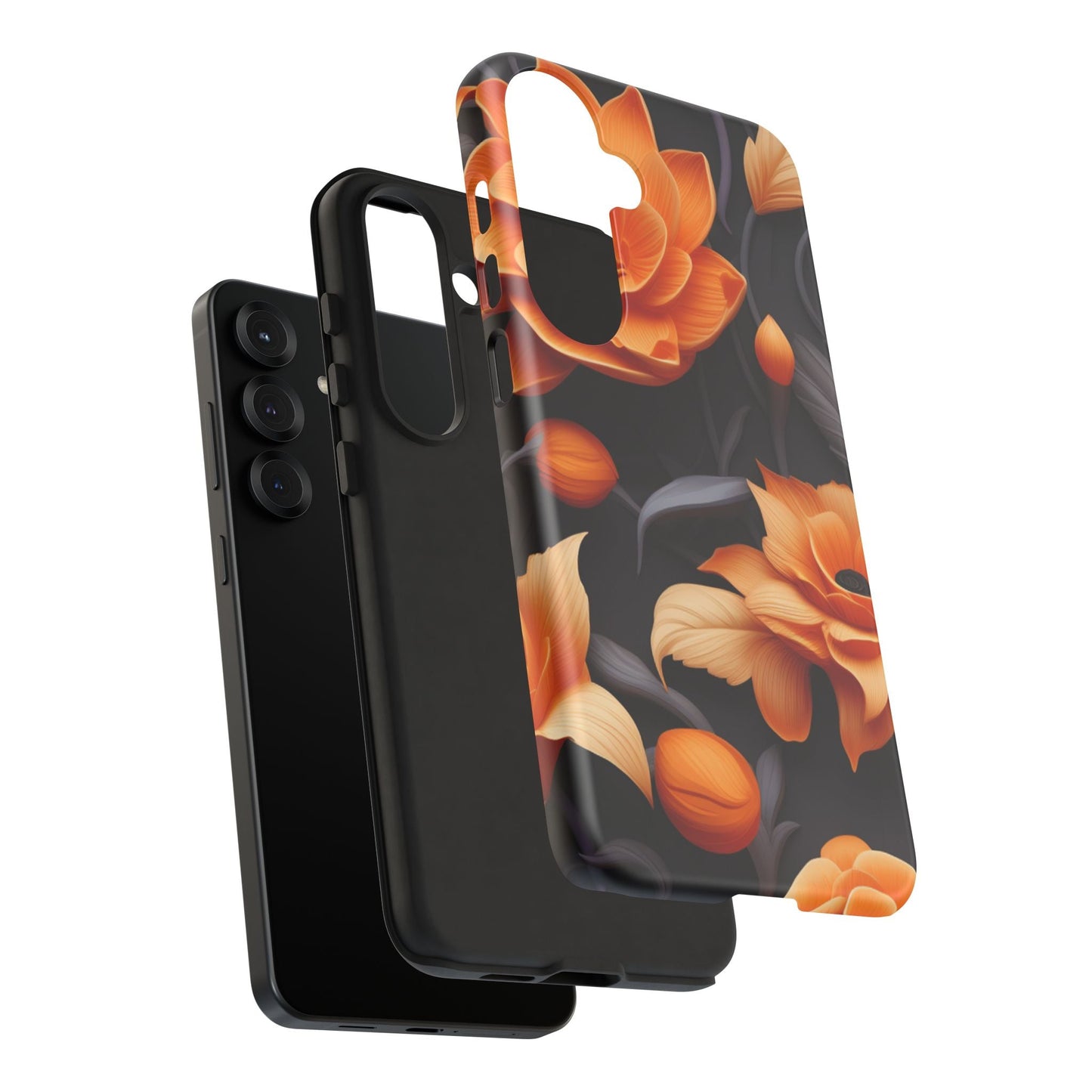 Bold Orange Floral Samsung Galaxy Case – Elegant 3D Flower Design on Black - BOGO Cases