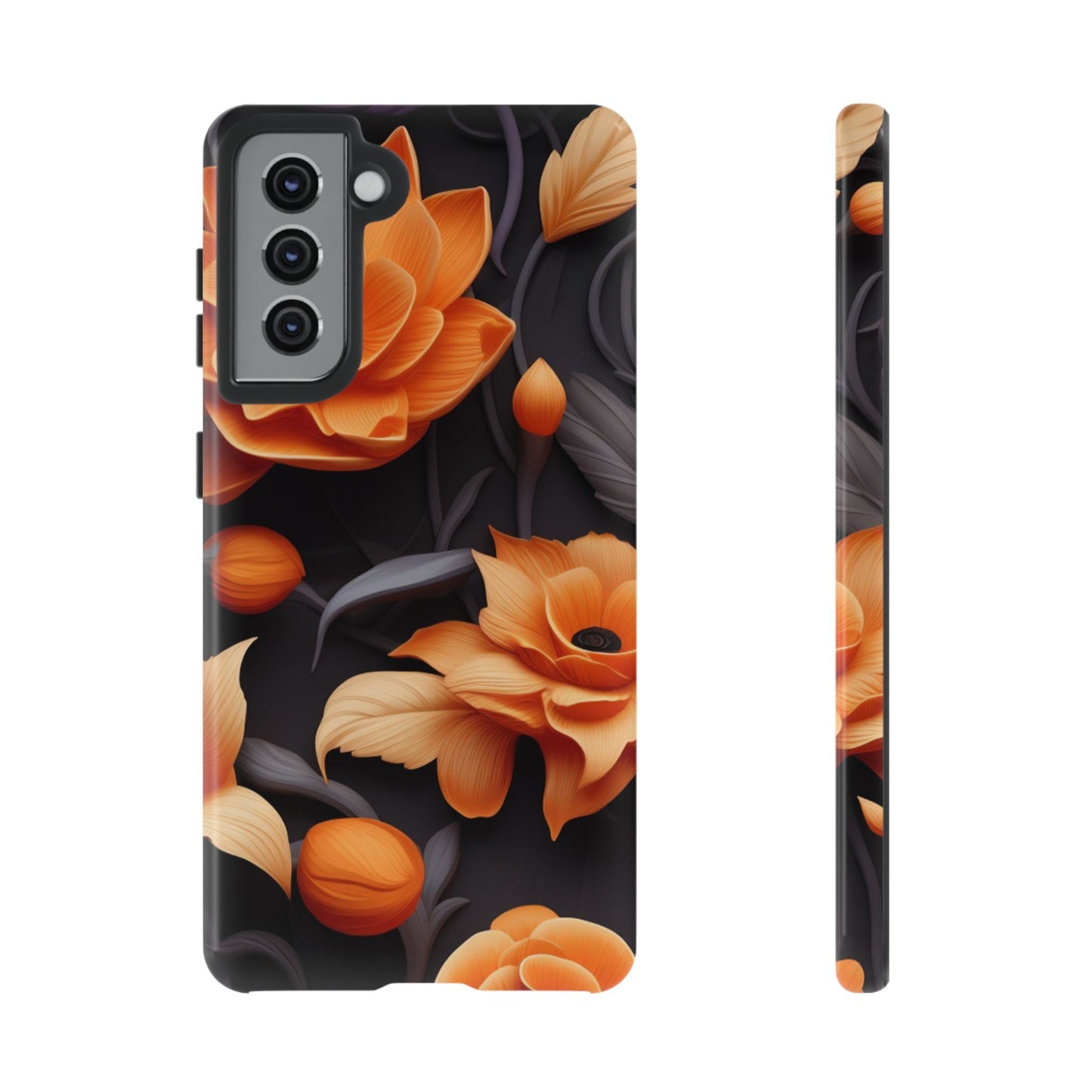 Bold Orange Floral Samsung Galaxy Case – Elegant 3D Flower Design on Black - BOGO Cases