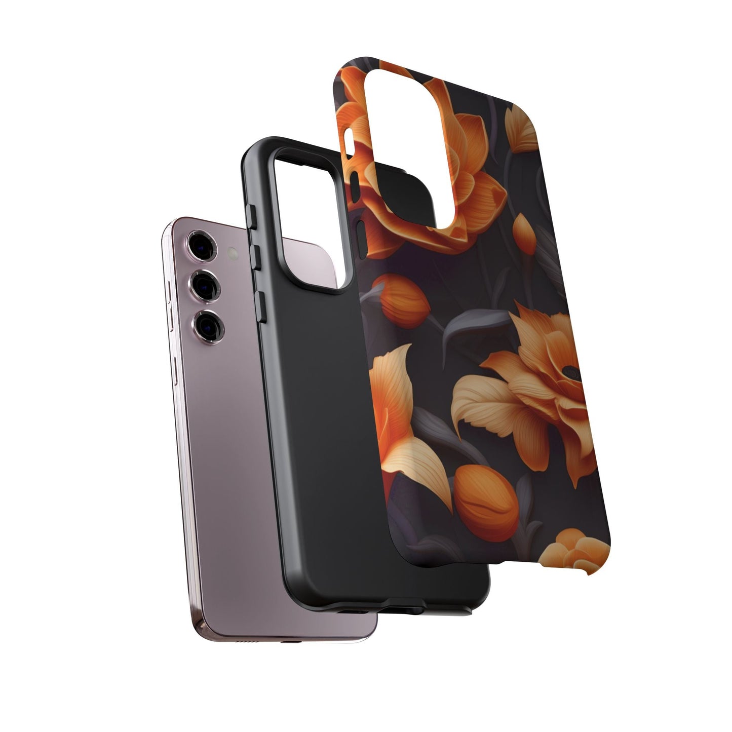 Bold Orange Floral Samsung Galaxy Case – Elegant 3D Flower Design on Black - BOGO Cases