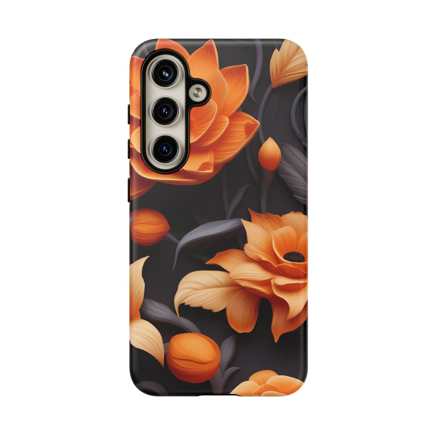 Bold Orange Floral Samsung Galaxy Case – Elegant 3D Flower Design on Black - BOGO Cases