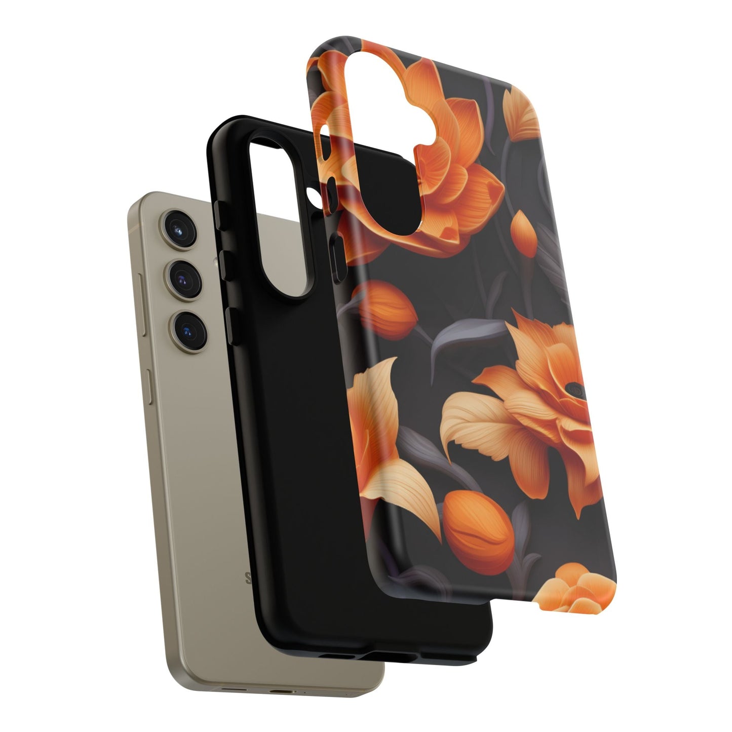Bold Orange Floral Samsung Galaxy Case – Elegant 3D Flower Design on Black - BOGO Cases