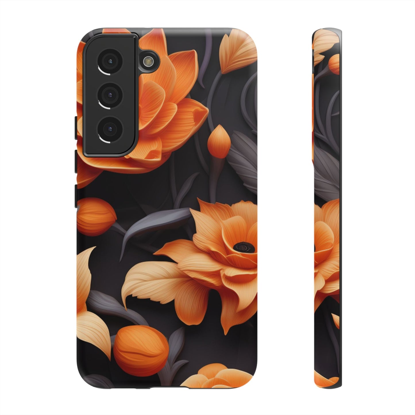 Bold Orange Floral Samsung Galaxy Case – Elegant 3D Flower Design on Black - BOGO Cases