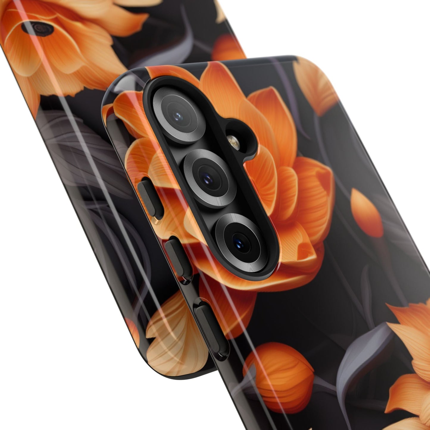 Bold Orange Floral Samsung Galaxy Case – Elegant 3D Flower Design on Black - BOGO Cases