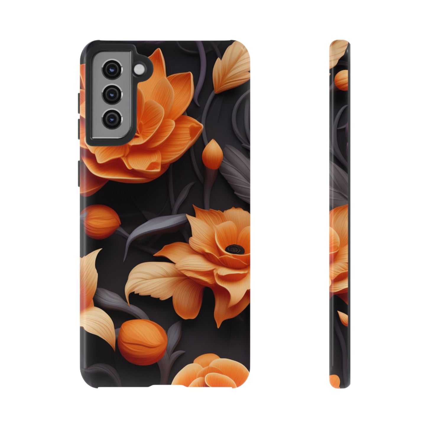 Bold Orange Floral Samsung Galaxy Case – Elegant 3D Flower Design on Black - BOGO Cases