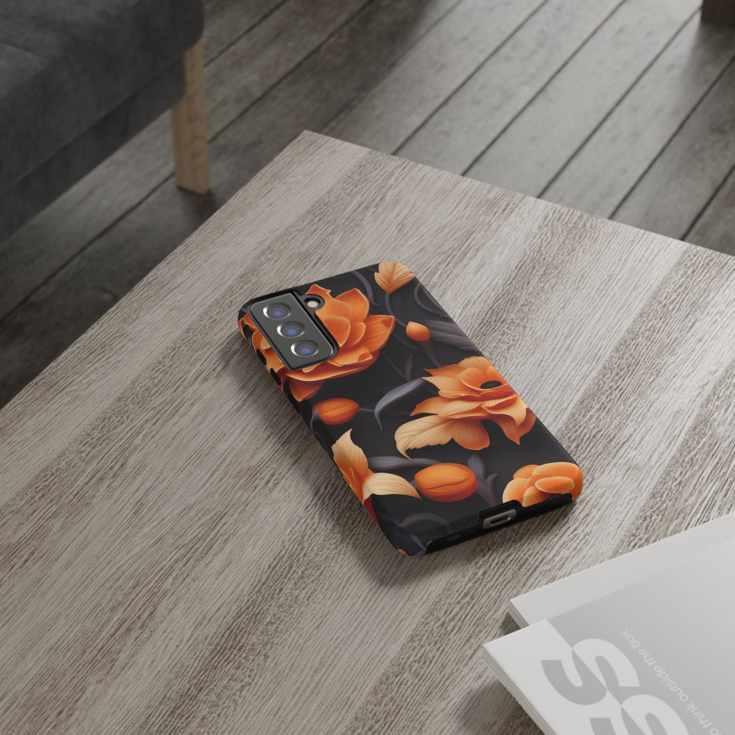 Bold Orange Floral Samsung Galaxy Case – Elegant 3D Flower Design on Black - BOGO Cases