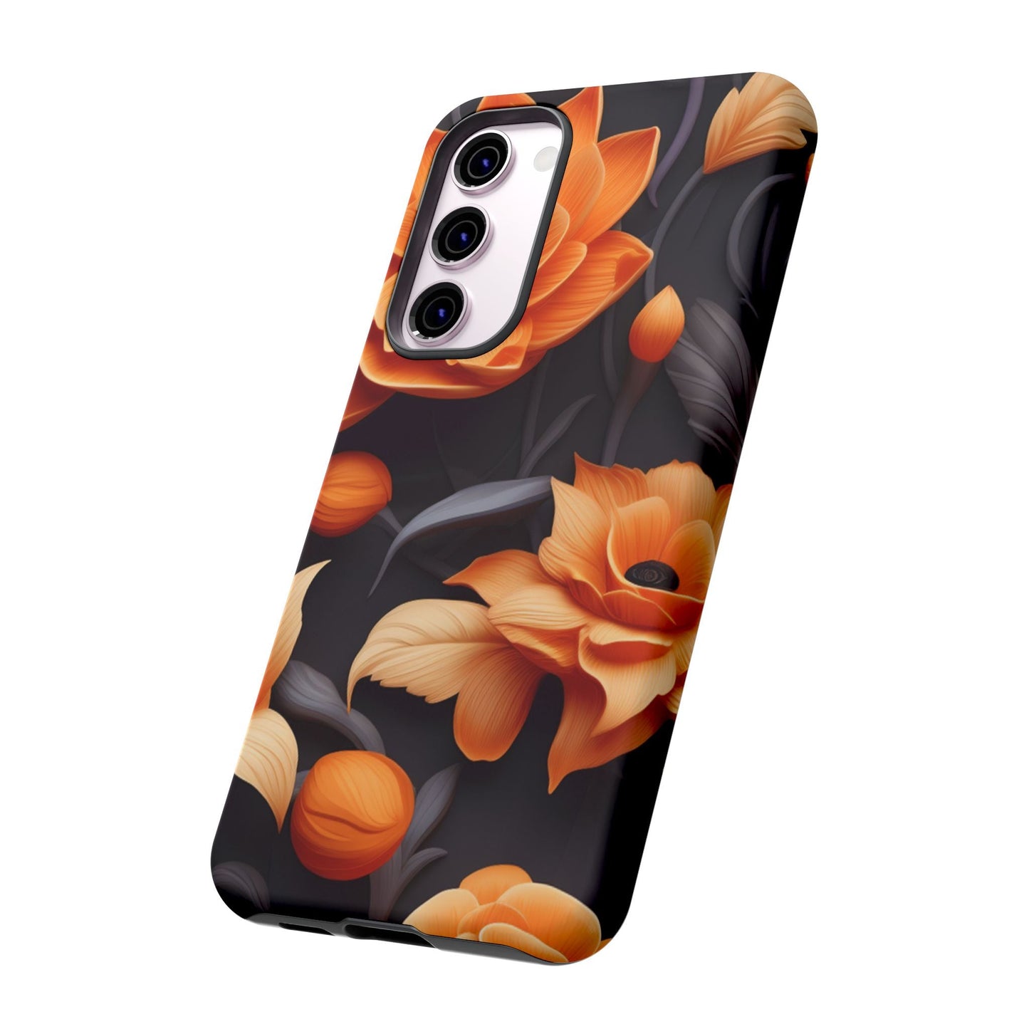 Bold Orange Floral Samsung Galaxy Case – Elegant 3D Flower Design on Black - BOGO Cases