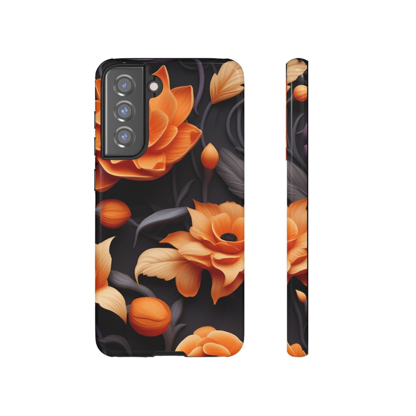 Bold Orange Floral Samsung Galaxy Case – Elegant 3D Flower Design on Black - BOGO Cases