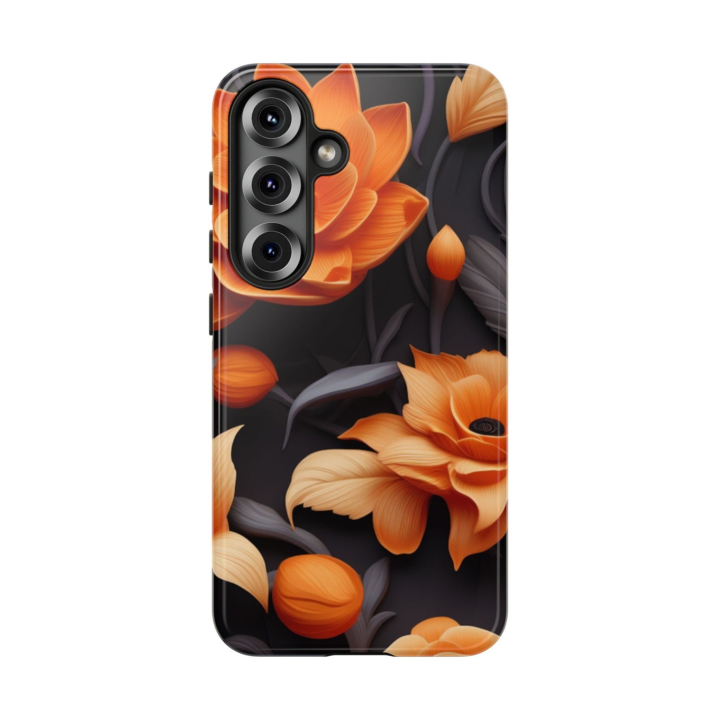 Bold Orange Floral Samsung Galaxy Case – Elegant 3D Flower Design on Black - BOGO Cases