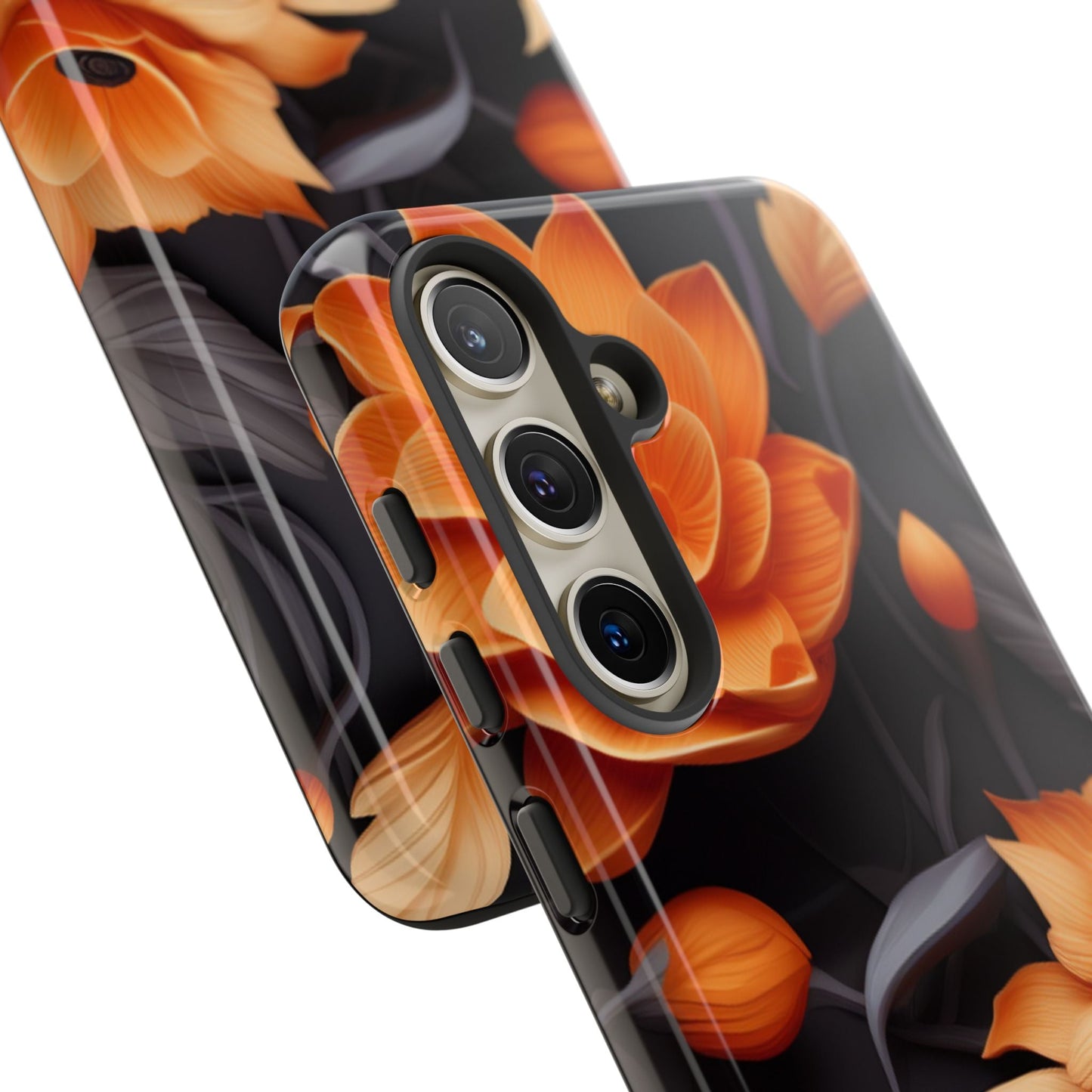 Bold Orange Floral Samsung Galaxy Case – Elegant 3D Flower Design on Black - BOGO Cases