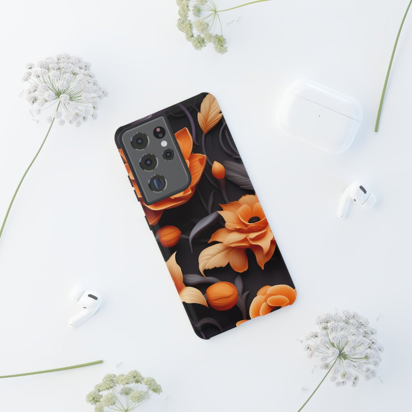 Bold Orange Floral Samsung Galaxy Case – Elegant 3D Flower Design on Black - BOGO Cases