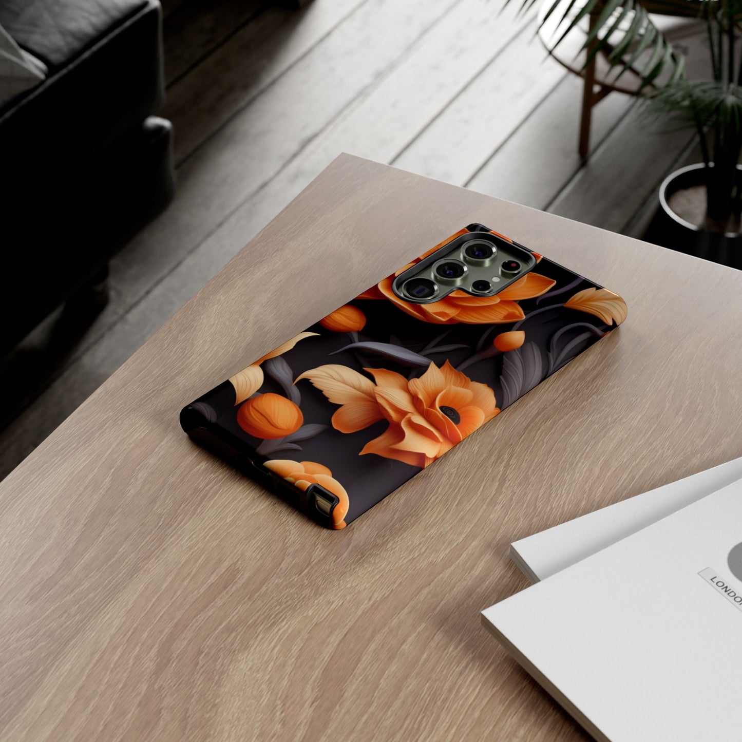 Bold Orange Floral Samsung Galaxy Case – Elegant 3D Flower Design on Black - BOGO Cases