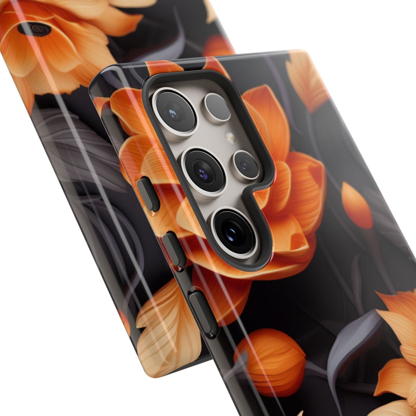 Bold Orange Floral Samsung Galaxy Case – Elegant 3D Flower Design on Black - BOGO Cases