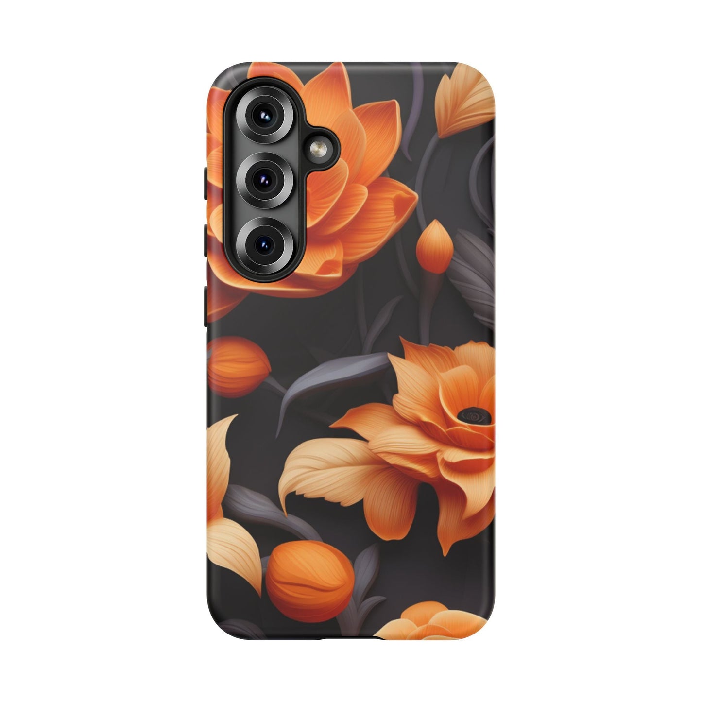 Bold Orange Floral Samsung Galaxy Case – Elegant 3D Flower Design on Black - BOGO Cases