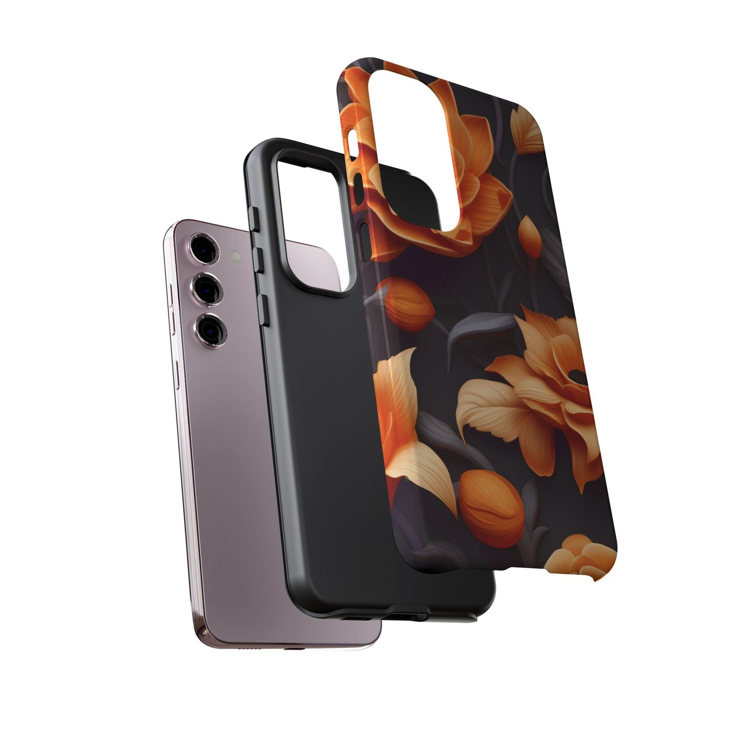 Bold Orange Floral Samsung Galaxy Case – Elegant 3D Flower Design on Black - BOGO Cases