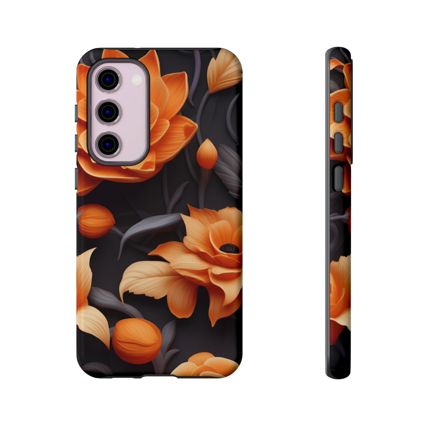 Bold Orange Floral Samsung Galaxy Case – Elegant 3D Flower Design on Black - BOGO Cases