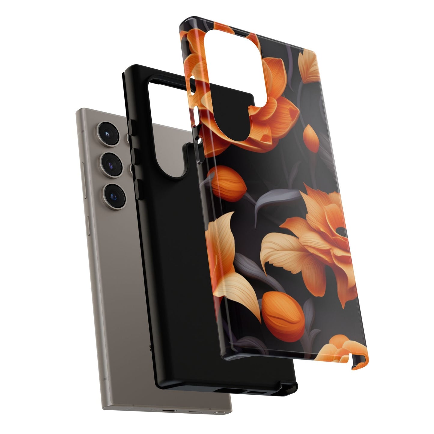 Bold Orange Floral Samsung Galaxy Case – Elegant 3D Flower Design on Black - BOGO Cases