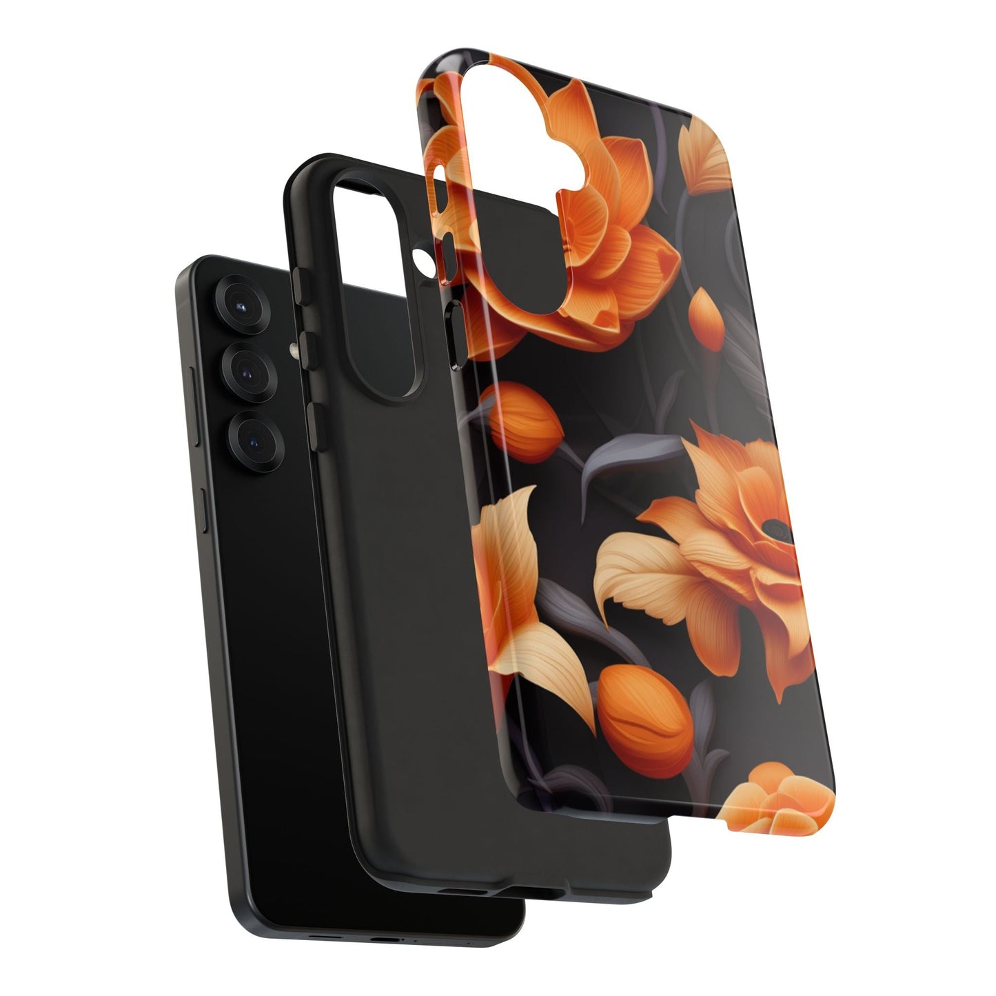 Bold Orange Floral Samsung Galaxy Case – Elegant 3D Flower Design on Black - BOGO Cases