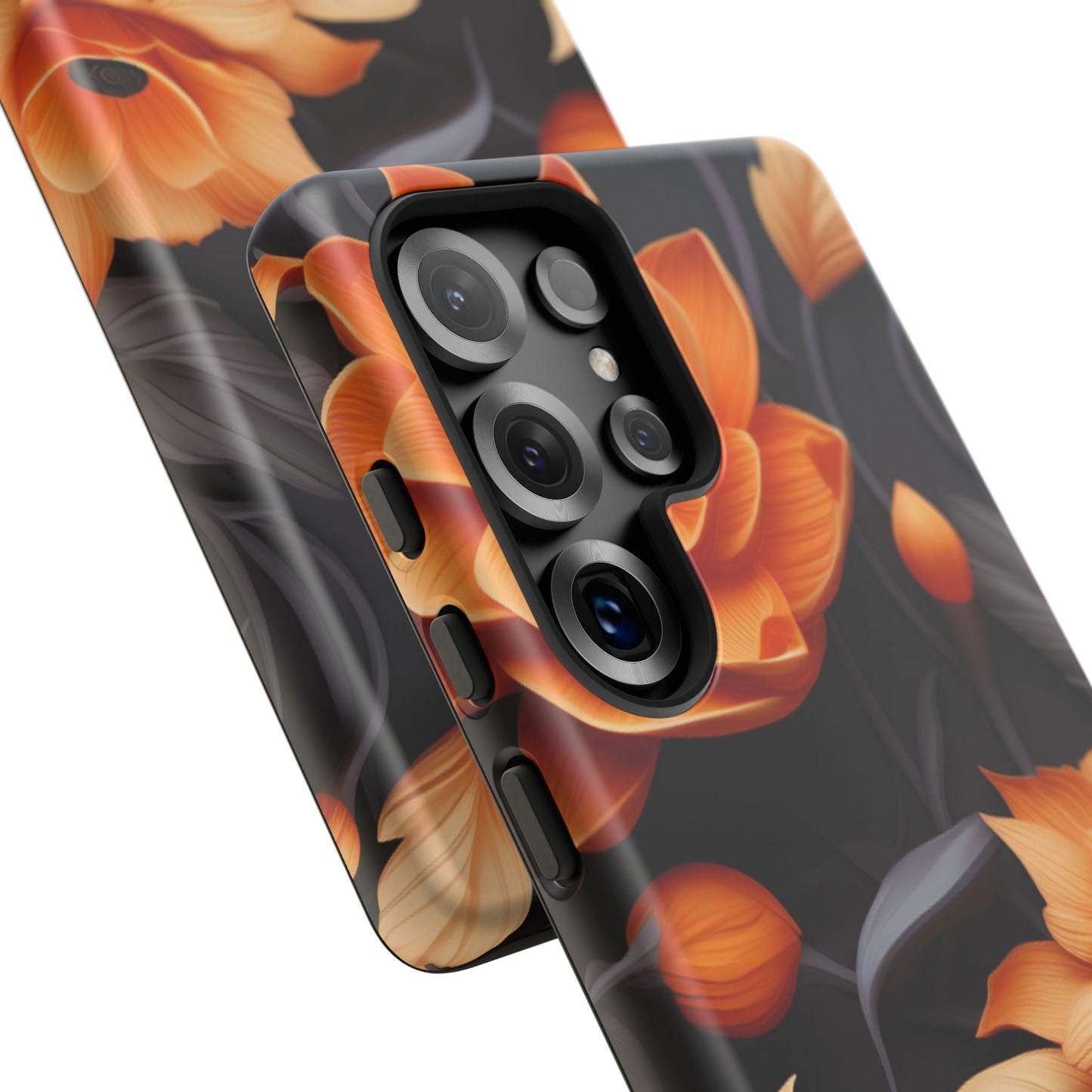 Bold Orange Floral Samsung Galaxy Case – Elegant 3D Flower Design on Black - BOGO Cases