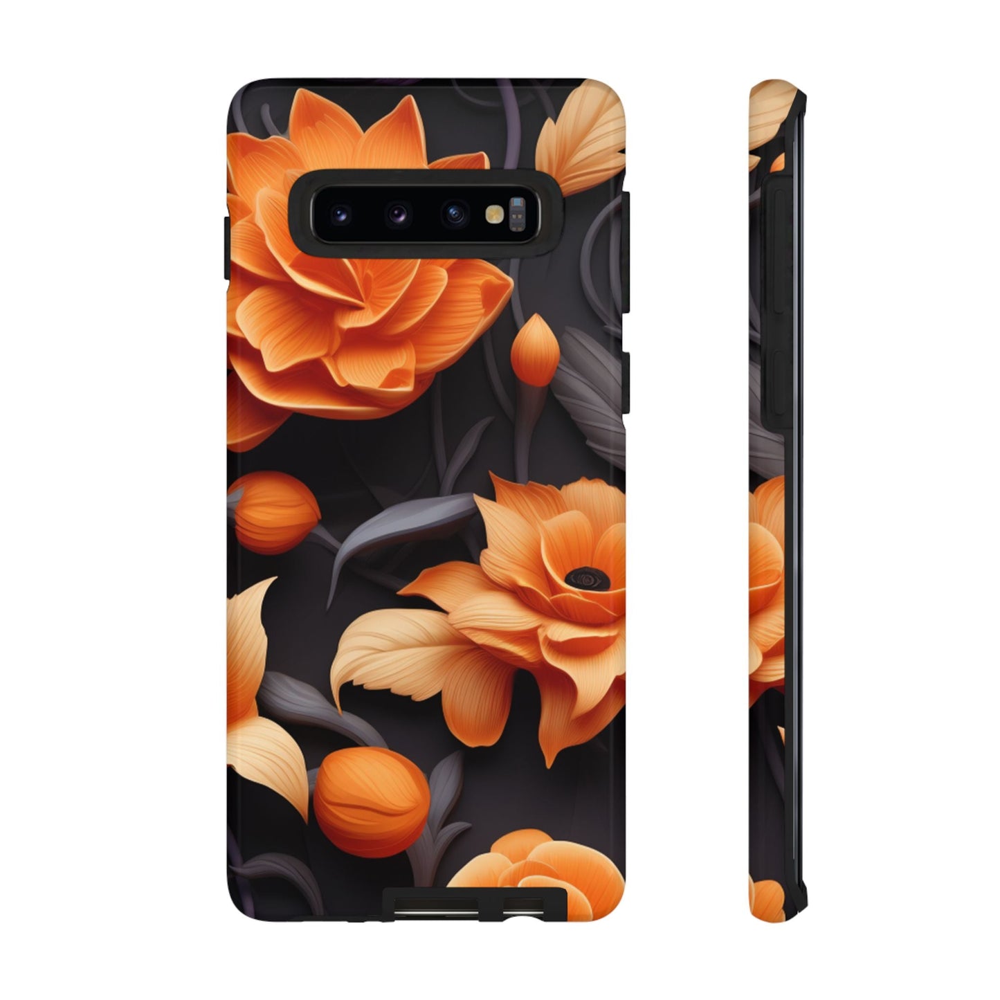 Bold Orange Floral Samsung Galaxy Case – Elegant 3D Flower Design on Black - BOGO Cases