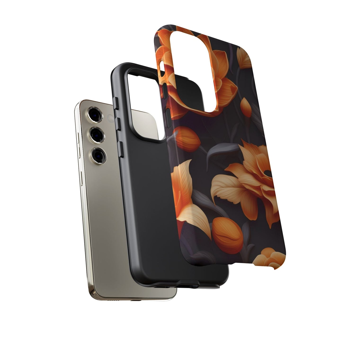 Bold Orange Floral Samsung Galaxy Case – Elegant 3D Flower Design on Black - BOGO Cases