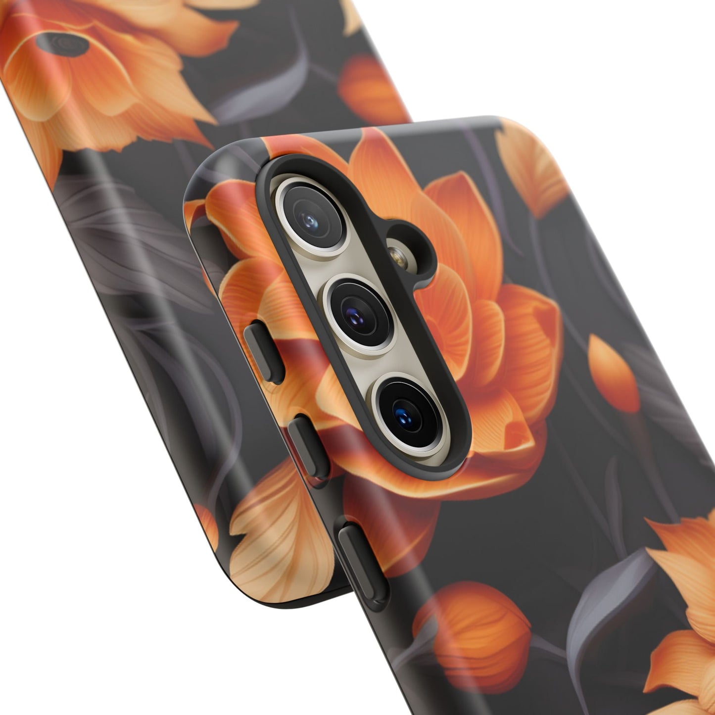 Bold Orange Floral Samsung Galaxy Case – Elegant 3D Flower Design on Black - BOGO Cases