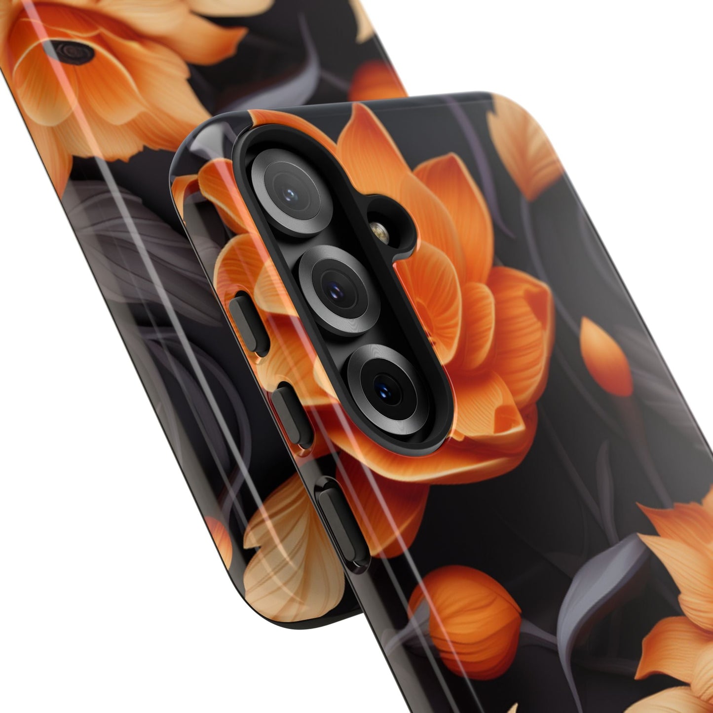 Bold Orange Floral Samsung Galaxy Case – Elegant 3D Flower Design on Black - BOGO Cases