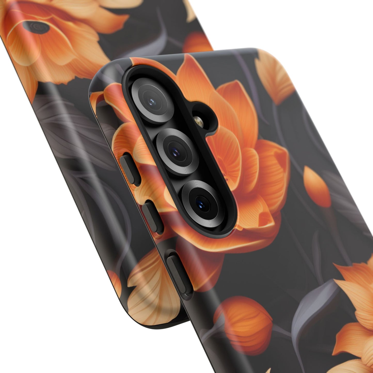 Bold Orange Floral Samsung Galaxy Case – Elegant 3D Flower Design on Black - BOGO Cases